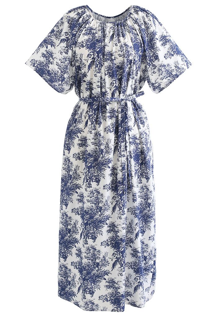 Robe Dolly à imprimé floral et manches évasées en bleu marine