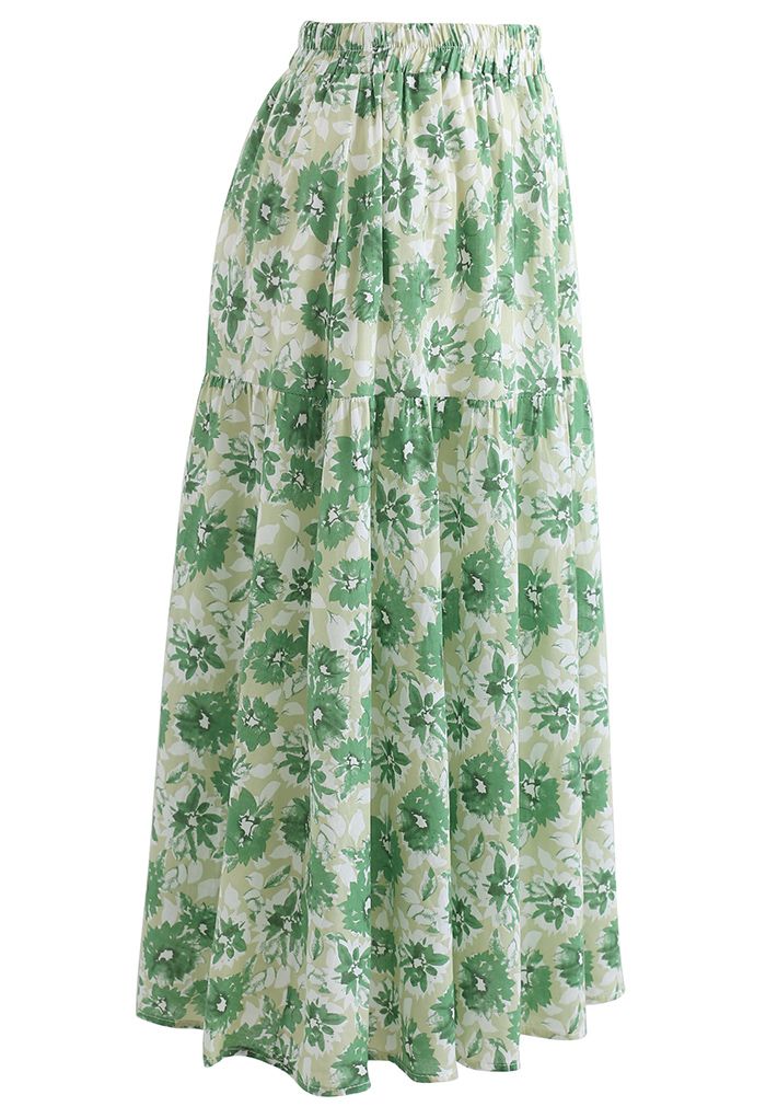 Jupe mi-longue en coton à imprimé floral en vert