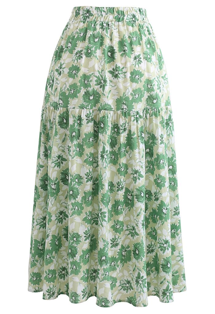 Jupe mi-longue en coton à imprimé floral en vert