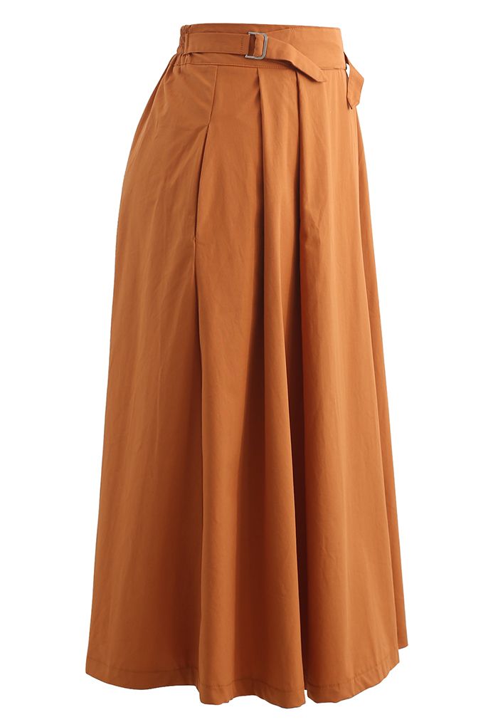 Jupe mi-longue plissée en coton à taille ceinturée en orange