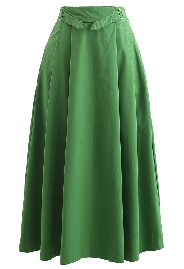 Jupe mi-longue plissée en coton à taille ceinturée en vert