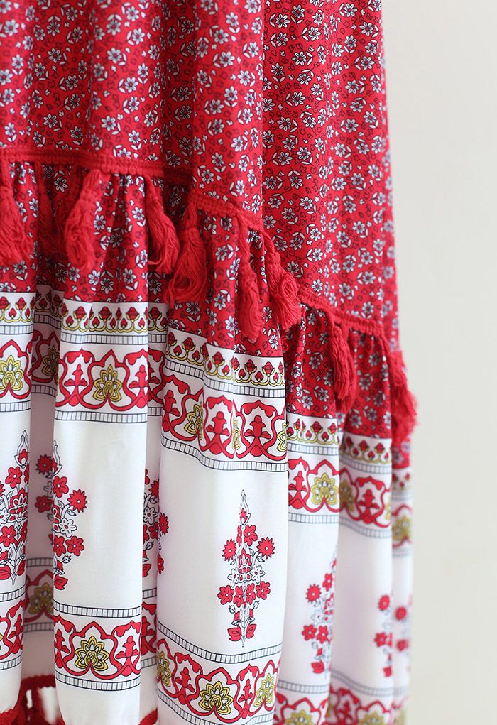 Robe maxi imprimée à manches flottantes Boho Floret en rouge