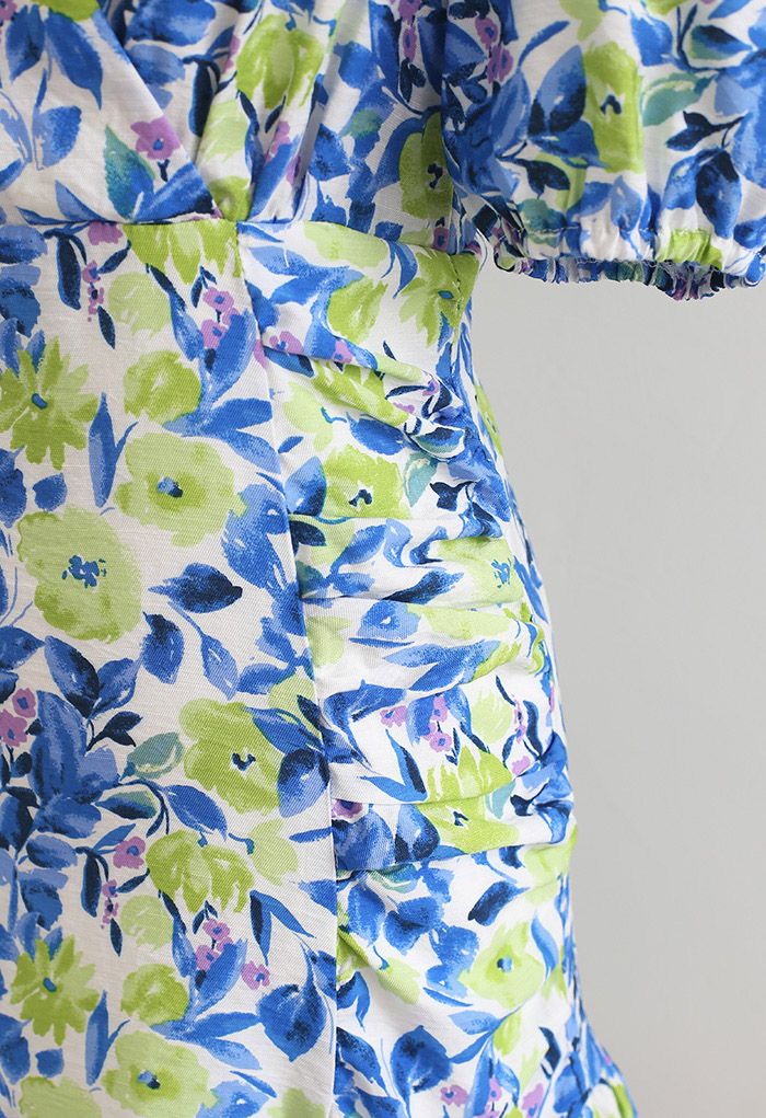 Mini-robe à épaules rembourrées Flower Painting en bleu