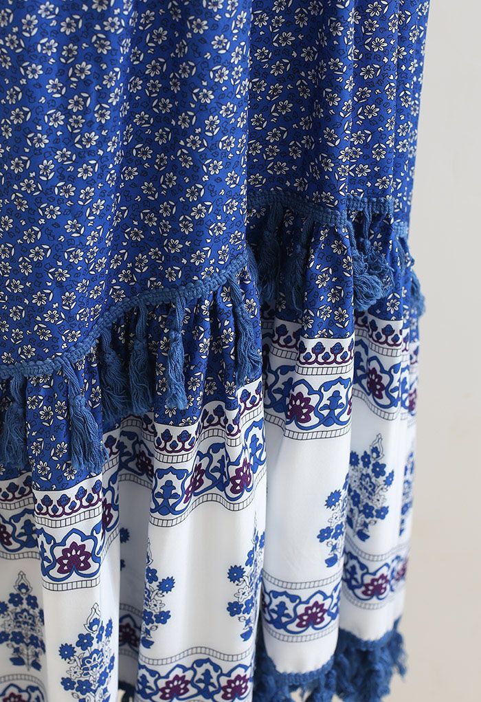 Robe longue à manches flottantes imprimées Boho Floret en bleu