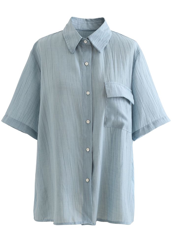 Chemise texturée à poche plaquée en bleu poussiéreux