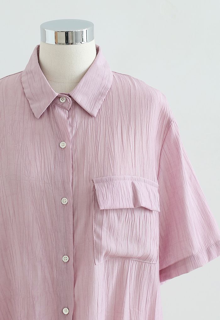 Chemise texturée à poche plaquée en vieux rose