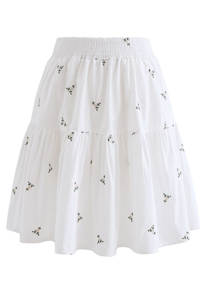 Mini-jupe à volants brodés Floret en blanc