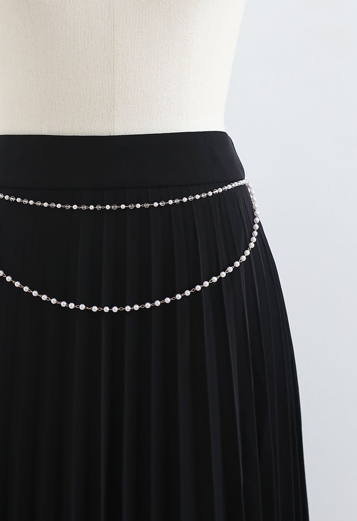 Jupe mi-longue plissée à chaîne drapée en noir
