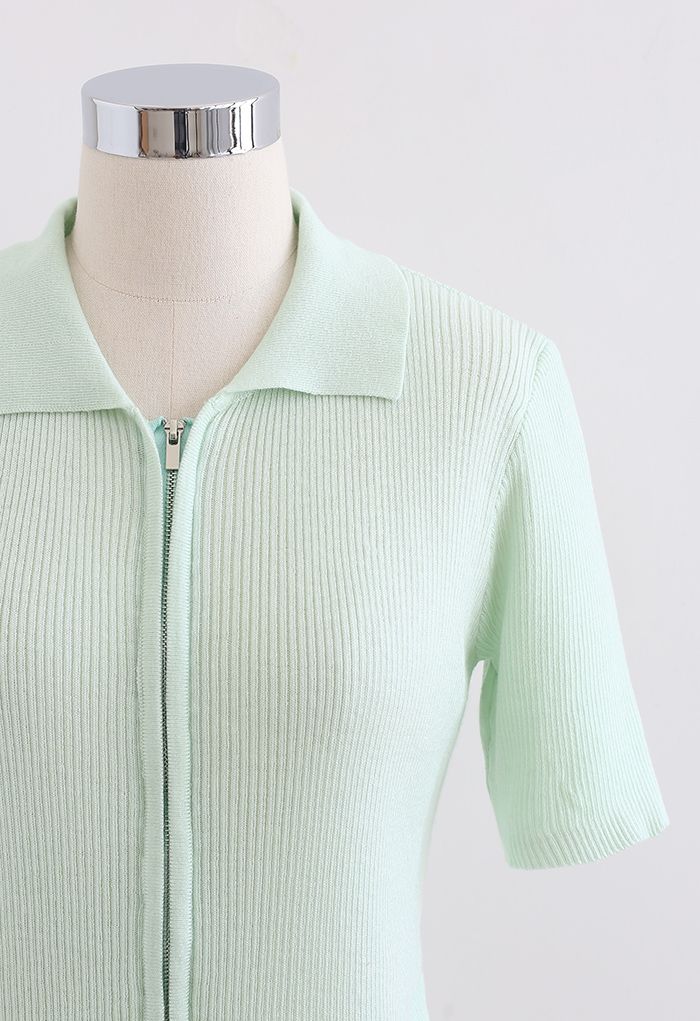 Cardigan en tricot côtelé à manches courtes et double fermeture éclair en vert clair