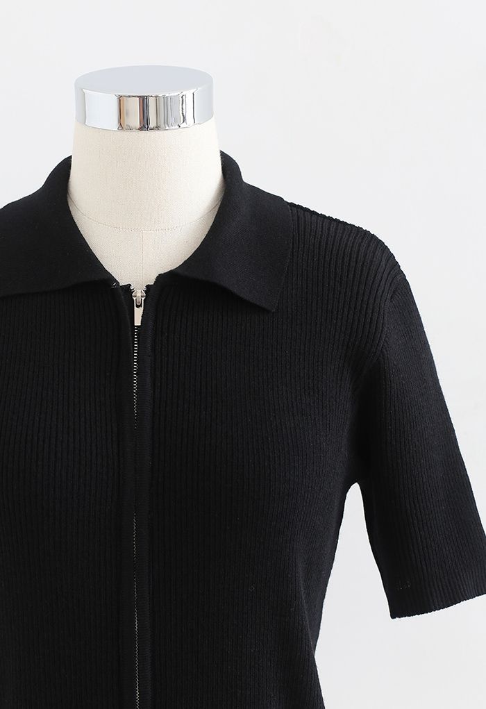 Cardigan en tricot côtelé à manches courtes et double fermeture éclair en noir