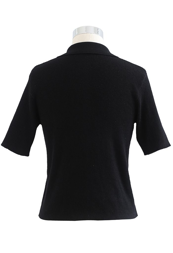 Cardigan en tricot côtelé à manches courtes et double fermeture éclair en noir