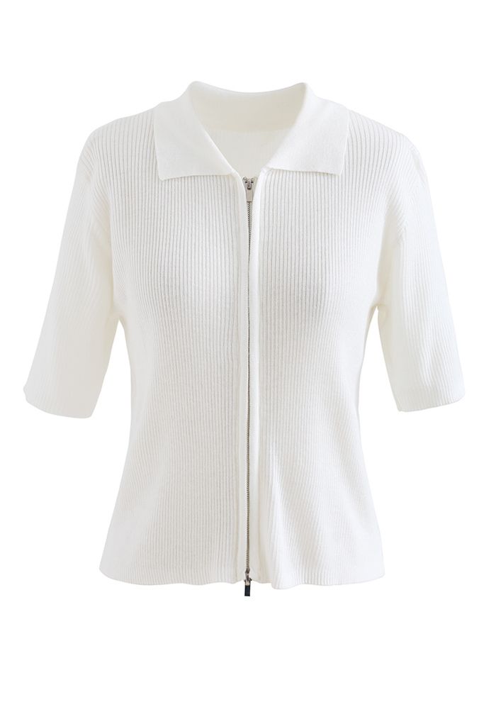 Cardigan en tricot côtelé à manches courtes et double fermeture éclair en blanc