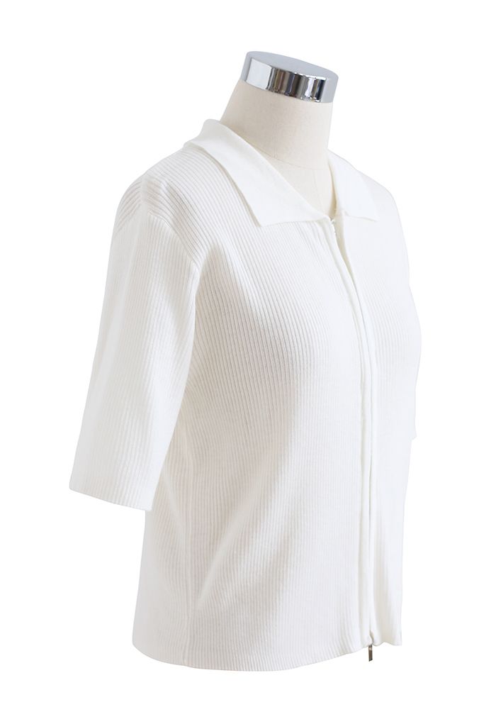 Cardigan en tricot côtelé à manches courtes et double fermeture éclair en blanc