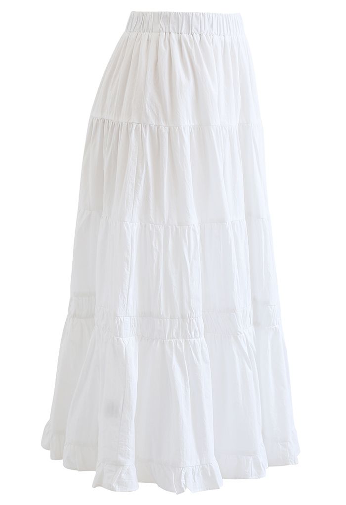 Jupe mi-longue en coton à volants de couleur unie en blanc