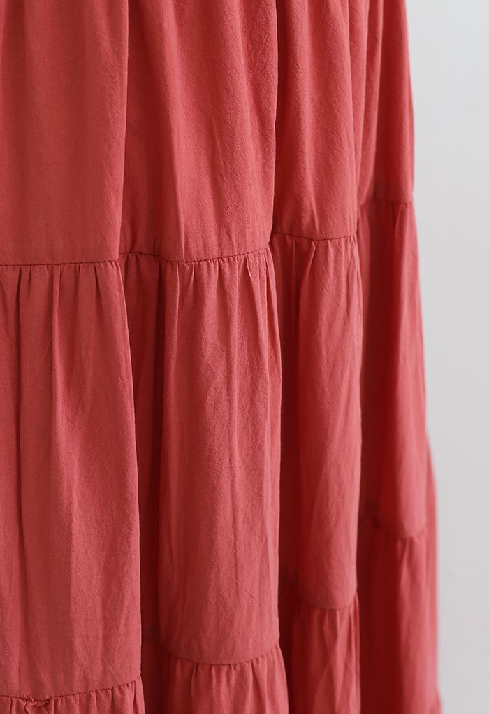 Jupe mi-longue en coton à volants de couleur unie en rouge