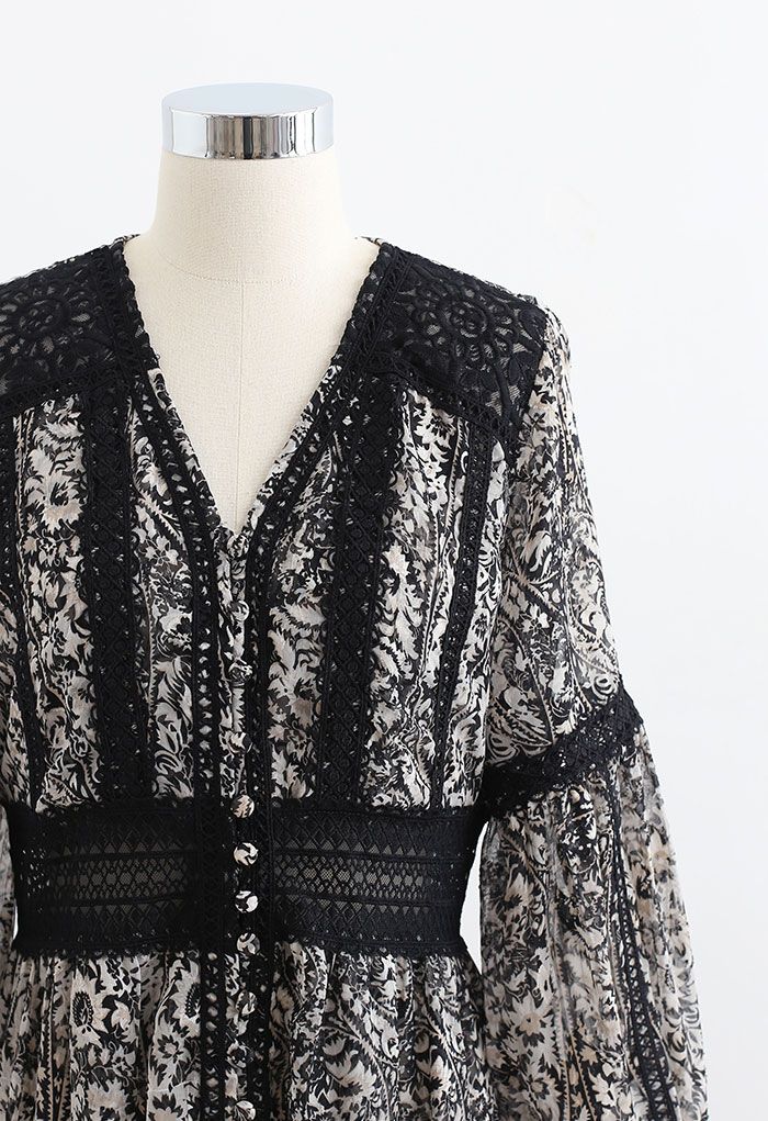 Robe longue transparente en jacquard Fleur noir à bordure en crocheter