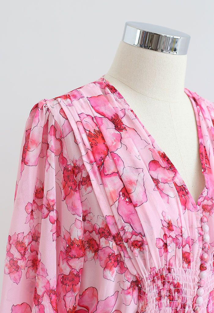 Robe maxi froncée à fleurs délicates en rose vif