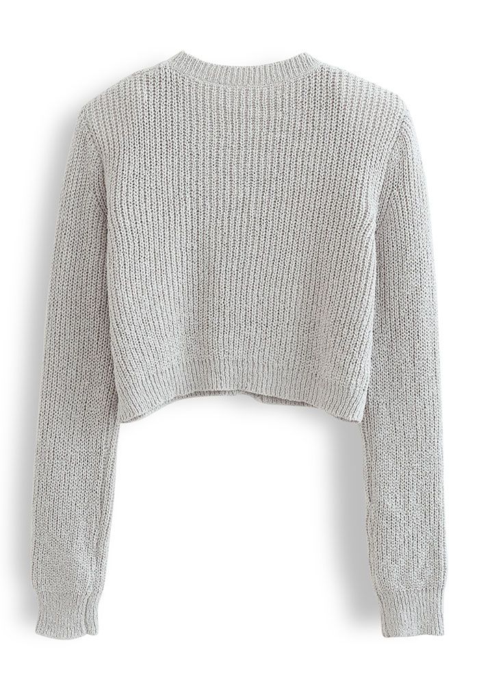 Cardigan court boutonné en tricot à épaules rembourrées en gris