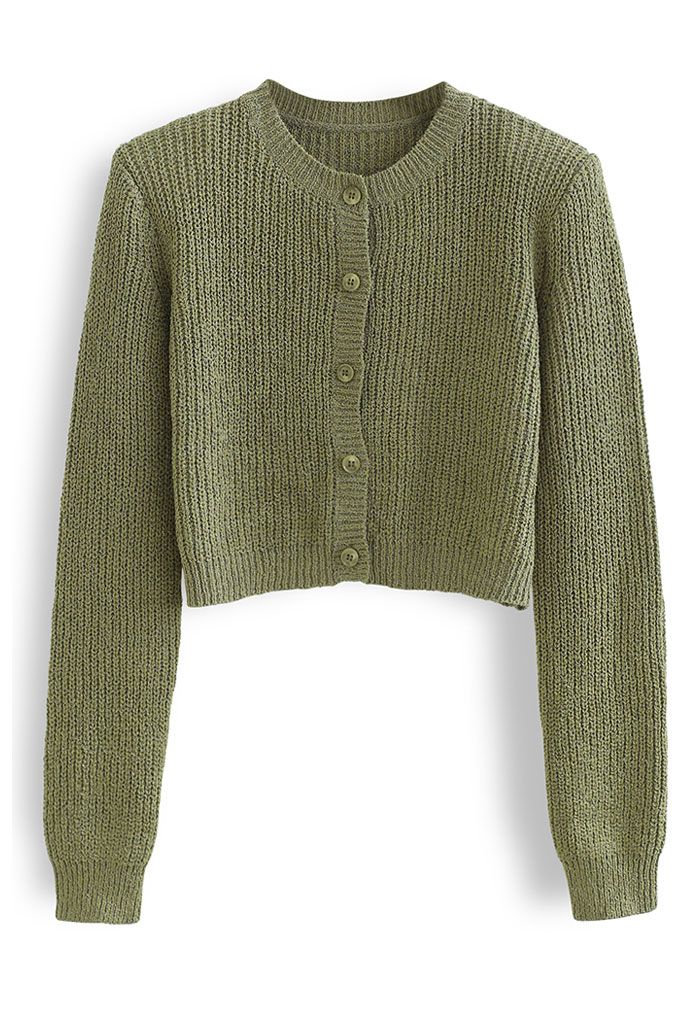 Cardigan court boutonné en tricot à épaules rembourrées en vert mousse