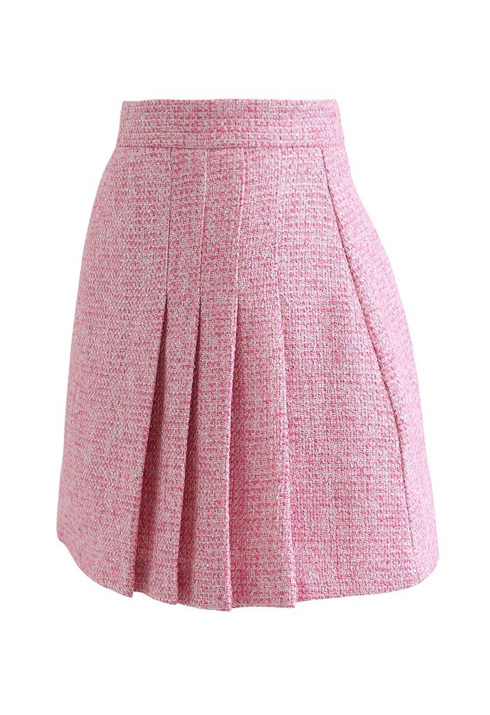 Mini-jupe en tweed plissé métallisé scintillant en rose vif