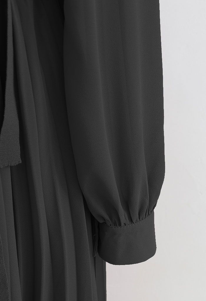 Robe mi-longue portefeuille plissée en tricot épissé à nouer en noir