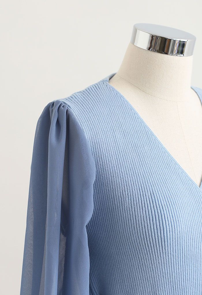 Robe mi-longue portefeuille plissée en tricot épissé à nouer en bleu
