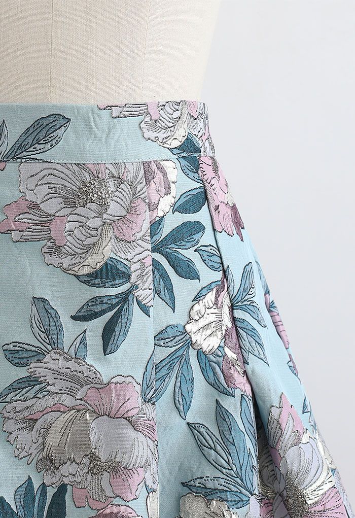 Mini-jupe évasée en jacquard En fleurs à la menthe