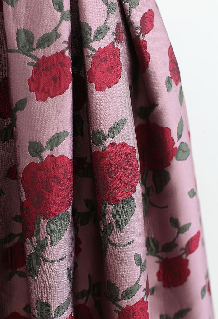 Jupe mi-longue plissée en jacquard Red Rose en vieux rose