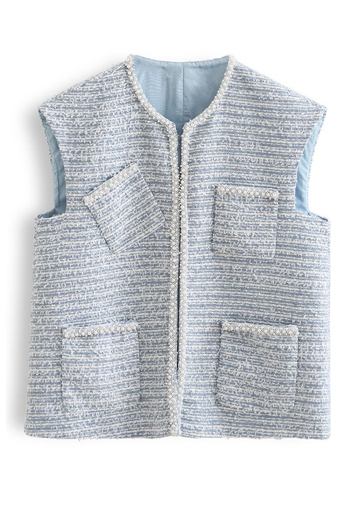 Veste sans manches en tweed avec poche à bord nacré en bleu