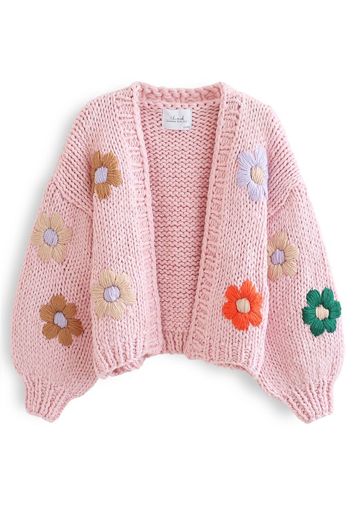 Cardigan épais tricoté à la main Stitch Flowers en rose