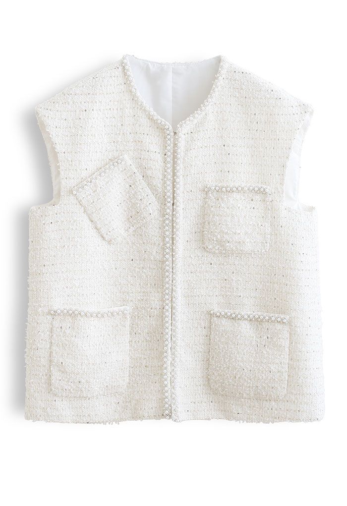 Veste gilet en tweed avec poche à bord nacré en blanc