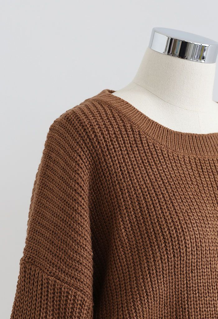 Combi-short en tricot côtelé à taille avec cordon de serrage en caramel