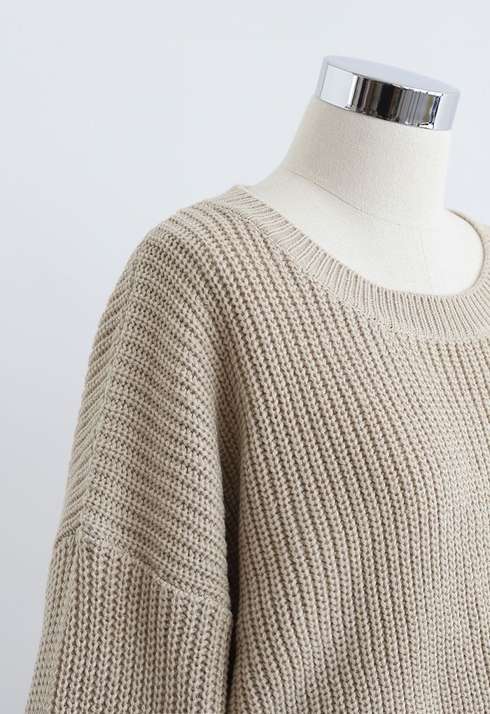 Combi-short en tricot côtelé à la taille avec cordon de serrage en camel