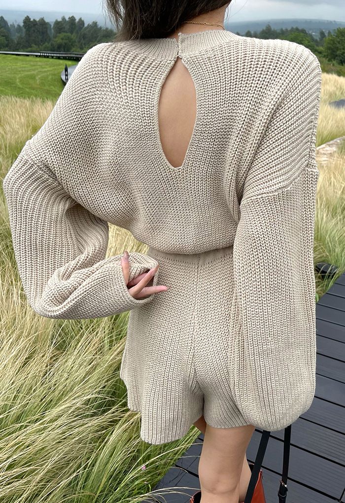 Combi-short en tricot côtelé à la taille avec cordon de serrage en camel