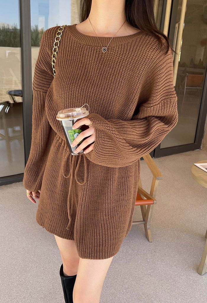 Combi-short en tricot côtelé à taille avec cordon de serrage en caramel
