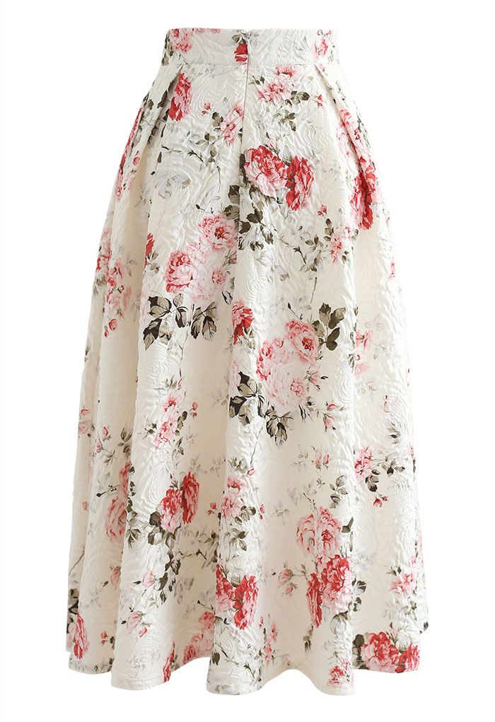 Embossed Floral Pleated Midi Skirt in Ivory