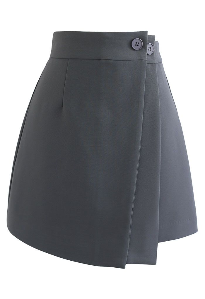 Mini-jupe boutonnée à double rabat en gris