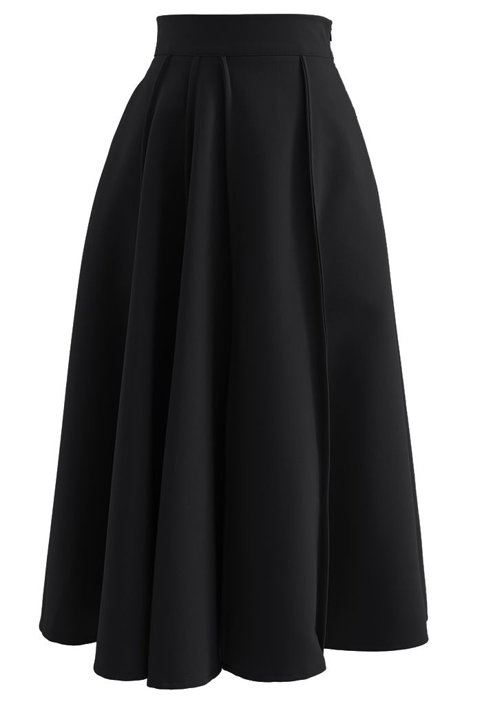 Jupe mi-longue trapèze taille haute avec coutures noires