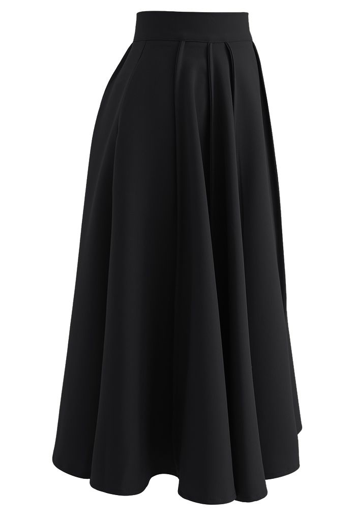 Jupe mi-longue trapèze taille haute avec coutures noires