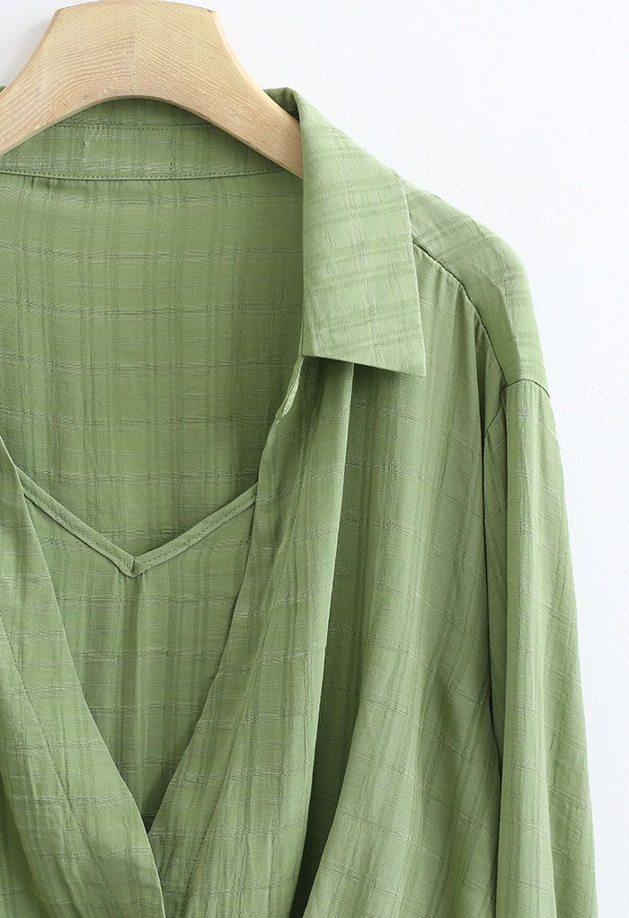 Chemise courte texturée à carreaux faux deux pièces en vert