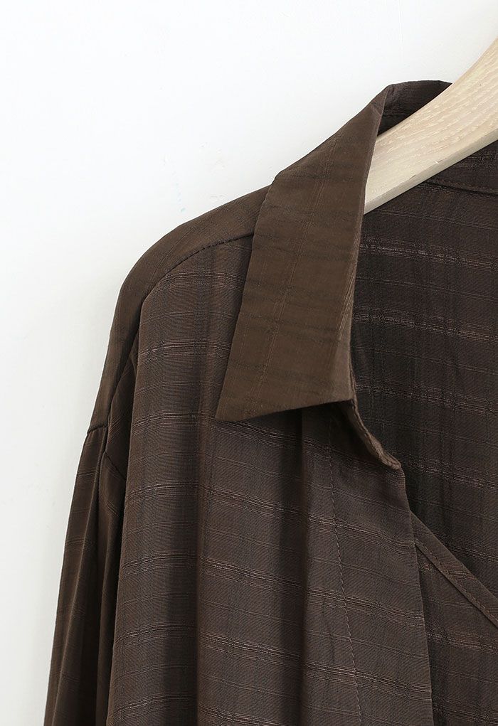 Chemise courte texturée à carreaux faux deux pièces en marron