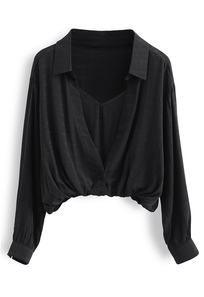 Chemise courte texturée à carreaux Fake Two-Piece en noir