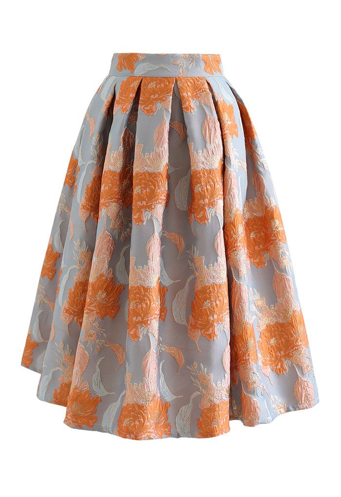 Jupe mi-longue plissée en jacquard bouquet orange