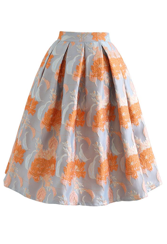 Jupe mi-longue plissée en jacquard bouquet orange