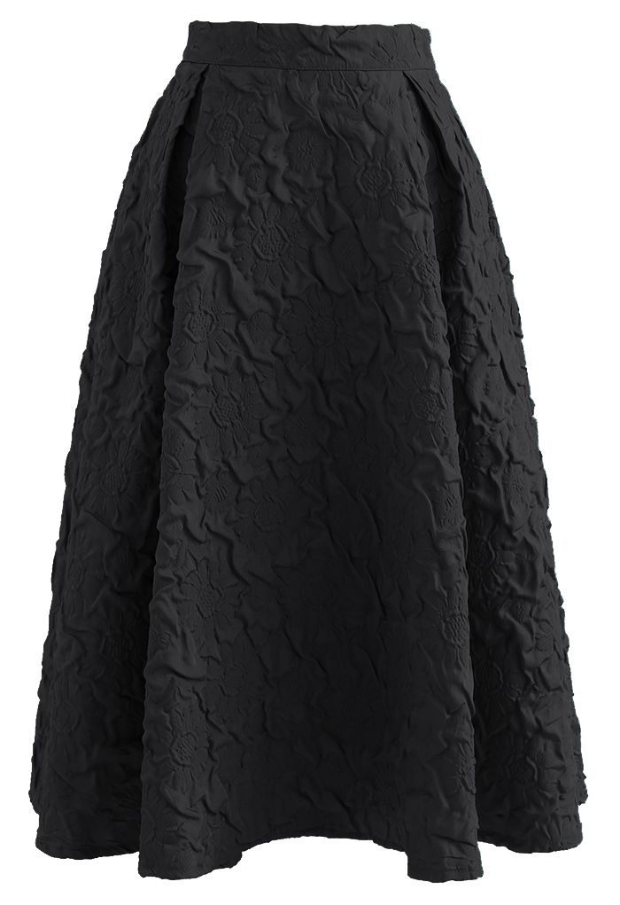 Jupe mi-longue plissée en relief tournesol en noir