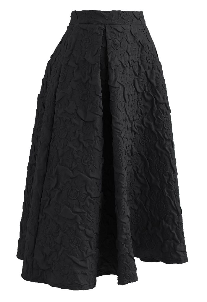Jupe mi-longue plissée en relief tournesol en noir