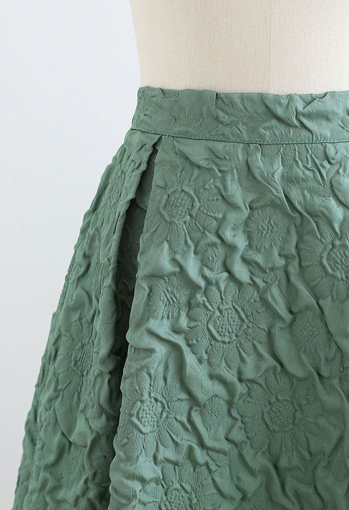 Jupe mi-longue plissée en relief tournesol en vert