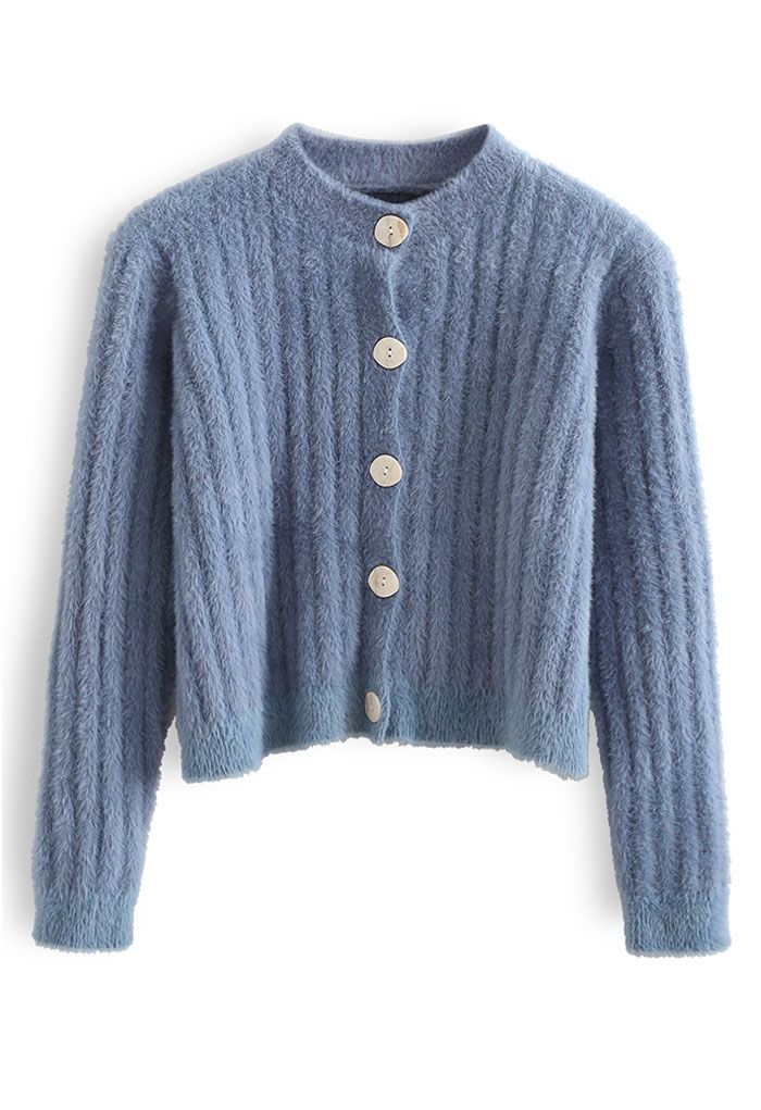Cardigan court boutonné en tricot flou en bleu