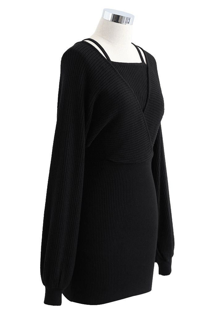 Fausse robe en tricot cache-cœur deux pièces à épaules dénudées en noir
