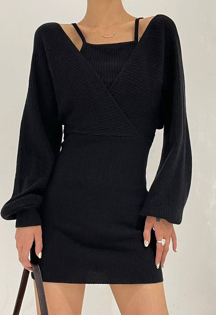 Fausse robe en tricot cache-cœur deux pièces à épaules dénudées en noir